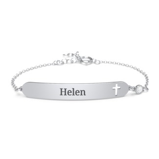 Engravable Long ID Bracelet with Cross and Birthstone
