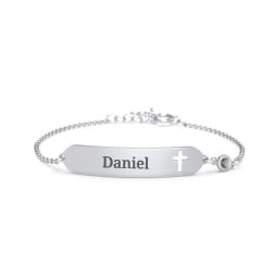 Engravable Small ID Bracelet with Cross and Birthstone