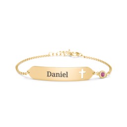Engravable Small ID Bracelet with Cross and Birthstone