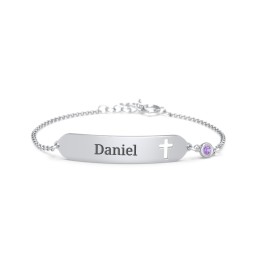 Engravable Small ID Bracelet with Cross and Birthstone in 925 Sterling Silver with Amethyst