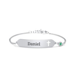 Engravable Small ID Bracelet with Cross and Birthstone in 925 Sterling Silver with Emerald