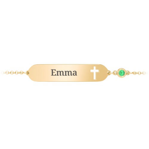Engravable Small ID Bracelet with Cross and Birthstone