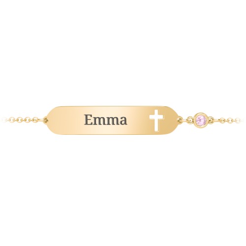 Engravable Small ID Bracelet with Cross and Birthstone