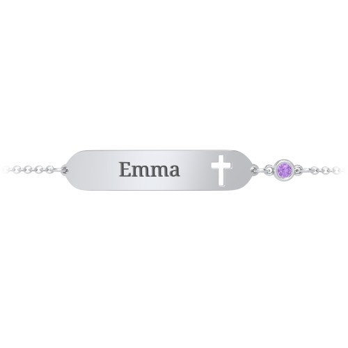 Engravable Small ID Bracelet with Cross and Birthstone – Sterling Silver with Amethyst