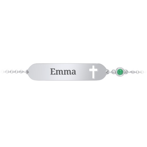 Engravable Small ID Bracelet with Cross and Birthstone – Sterling Silver with Emerald