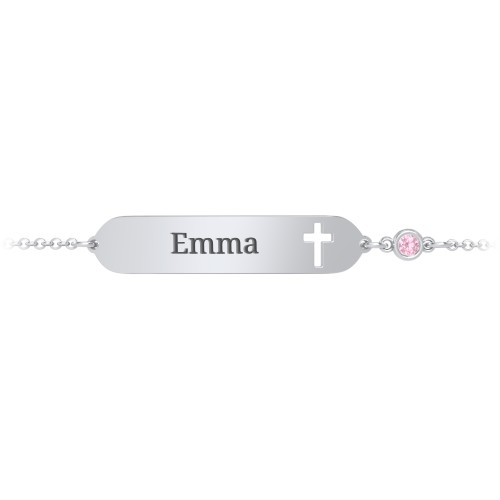Engravable Small ID Bracelet with Cross and Birthstone – Sterling Silver with Pink Tourmaline