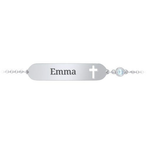 Engravable Small ID Bracelet with Cross and Birthstone – Sterling Silver with Blue Topaz