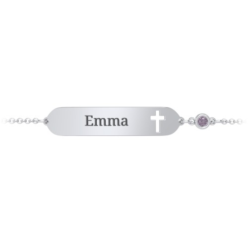 Engravable Small ID Bracelet with Cross and Birthstone