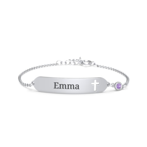 Engravable Small ID Bracelet with Cross and Birthstone – Sterling Silver with Amethyst