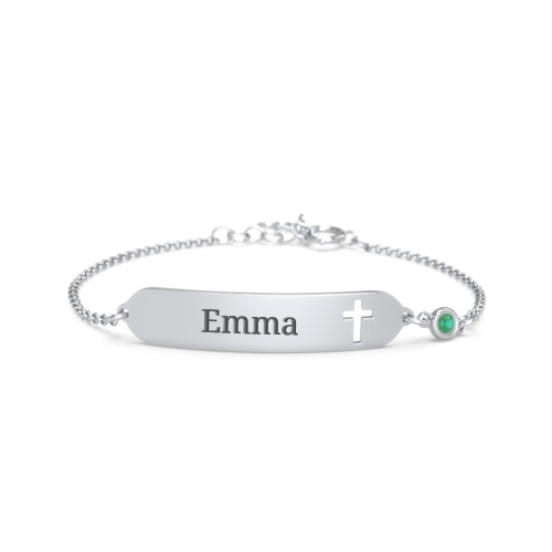 Engravable Small ID Bracelet with Cross and Birthstone – Sterling Silver with Emerald