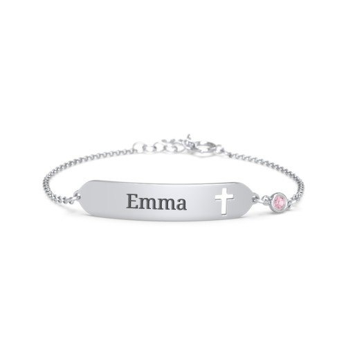 Engravable Small ID Bracelet with Cross and Birthstone – Sterling Silver with Pink Tourmaline
