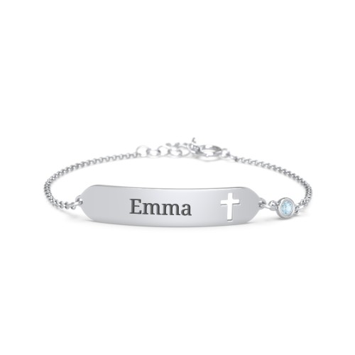 Engravable Small ID Bracelet with Cross and Birthstone – Sterling Silver with Blue Topaz