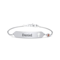 Engravable Small ID Bracelet with Cross and Birthstone in 925 Sterling Silver with Garnet