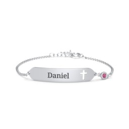 Engravable Small ID Bracelet with Cross and Birthstone in 925 Sterling Silver with Ruby
