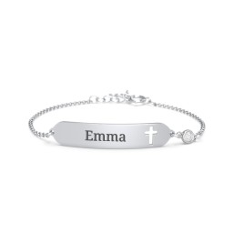Engravable Small ID Bracelet with Cross and Birthstone in 925 Sterling Silver with Diamond