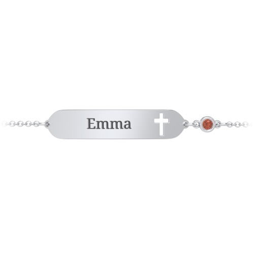 Engravable Small ID Bracelet with Cross and Birthstone – Sterling Silver with Garnet
