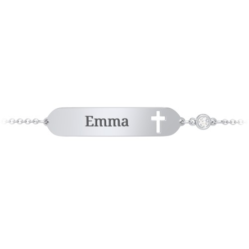 Engravable Small ID Bracelet with Cross and Birthstone – Sterling Silver with Diamond