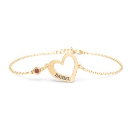 Engravable Open Heart Bracelet with Birthstone in 18K Gold Plated Silver with Garnet