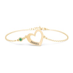 Engravable Open Heart Bracelet with Birthstone in 18K Gold Plated Silver with Emerald