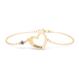 Engravable Open Heart Bracelet with Birthstone in 18K Gold Plated Silver with Blue Sapphire