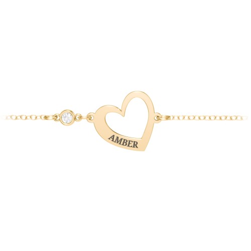 Engravable Open Heart Bracelet with Birthstone – 18K Gold Plated Silver with Diamond