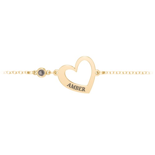 Engravable Open Heart Bracelet with Birthstone – 18K Gold Plated Silver with Smokey Quartz