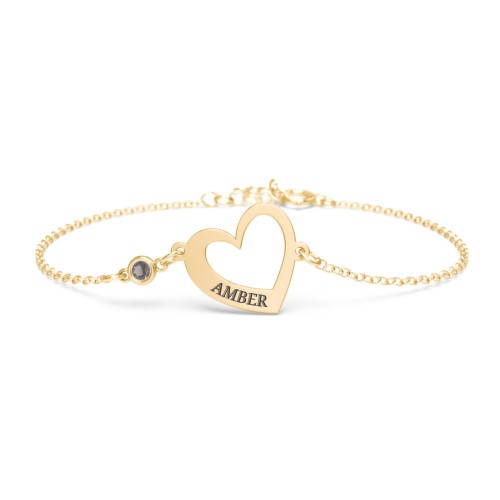 Engravable Open Heart Bracelet with Birthstone – 18K Gold Plated Silver with Smokey Quartz