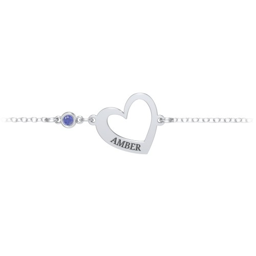 Engravable Open Heart Bracelet with Birthstone – Sterling Silver with Blue Sapphire