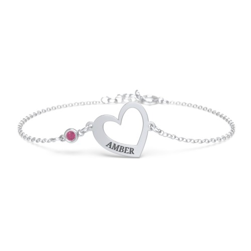 Engravable Open Heart Bracelet with Birthstone – Sterling Silver with Ruby
