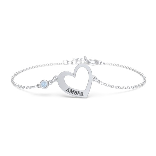 Engravable Open Heart Bracelet with Birthstone – Sterling Silver with Blue Topaz