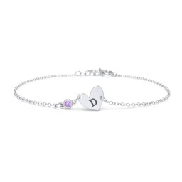 Initial Heart Bracelet with Birthstone in 925 Sterling Silver with Amethyst