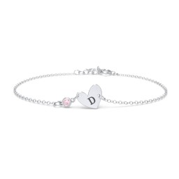 Initial Heart Bracelet with Birthstone in 925 Sterling Silver with Pink Tourmaline