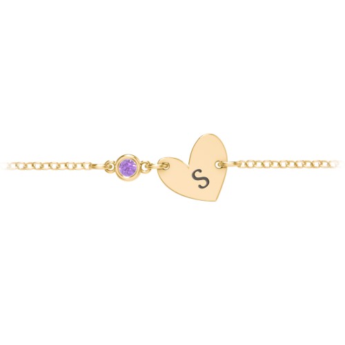 Initial Heart Bracelet with Birthstone – 10K Yellow Gold with Amethyst