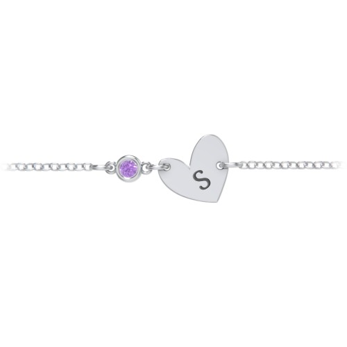 Initial Heart Bracelet with Birthstone – Sterling Silver with Amethyst