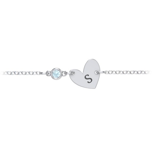 Initial Heart Bracelet with Birthstone – Sterling Silver with Blue Topaz