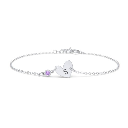 Initial Heart Bracelet with Birthstone – Sterling Silver with Amethyst