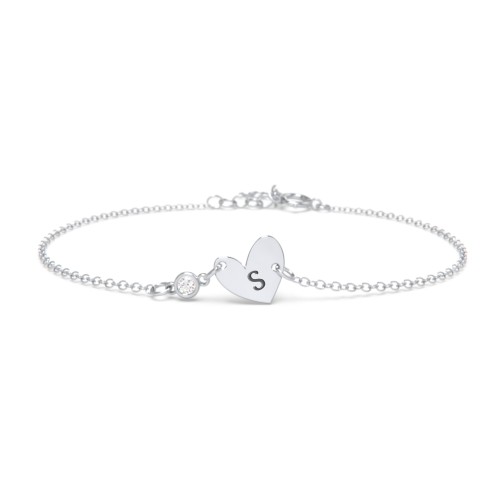 Initial Heart Bracelet with Birthstone – Sterling Silver with Diamond