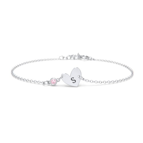 Initial Heart Bracelet with Birthstone – Sterling Silver with Pink Tourmaline