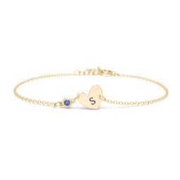 Initial Heart Bracelet with Birthstone in 18K Gold Plated Silver with Blue Sapphire