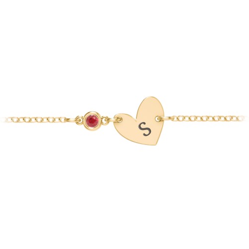 Initial Heart Bracelet with Birthstone – 18K Gold Plated Silver with Garnet