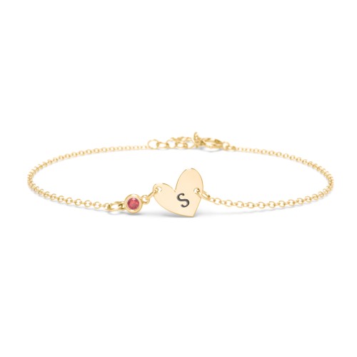 Initial Heart Bracelet with Birthstone – 18K Gold Plated Silver with Garnet