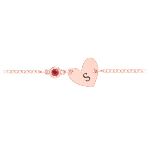 Initial Heart Bracelet with Birthstone – 10K Rose Gold with Garnet