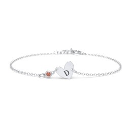 Initial Heart Bracelet with Birthstone in 925 Sterling Silver with Garnet