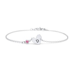 Initial Heart Bracelet with Birthstone in 925 Sterling Silver with Ruby