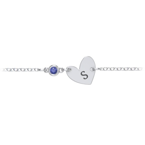 Initial Heart Bracelet with Birthstone – Sterling Silver with Blue Sapphire