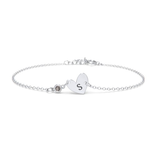 Initial Heart Bracelet with Birthstone – Sterling Silver with Smokey Quartz