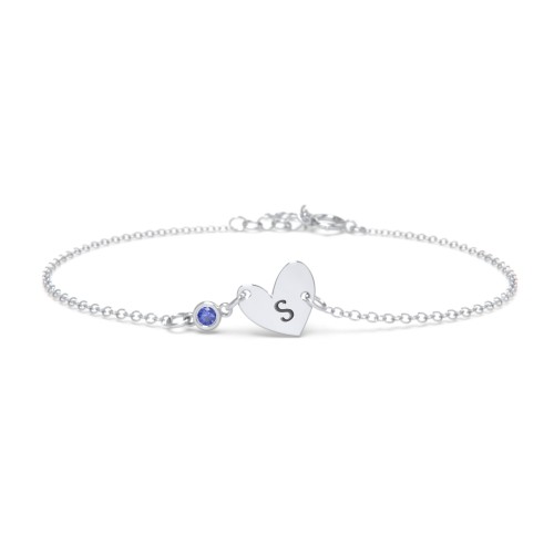 Initial Heart Bracelet with Birthstone – Sterling Silver with Blue Sapphire