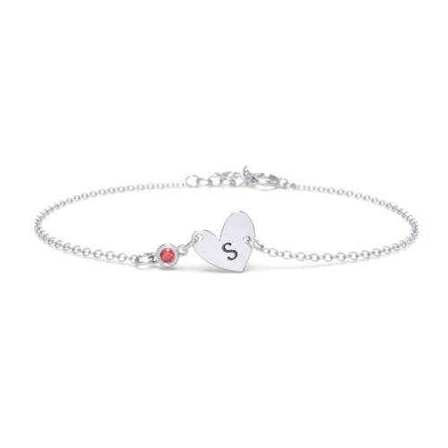 Initial Heart Bracelet with Birthstone – Sterling Silver with Garnet