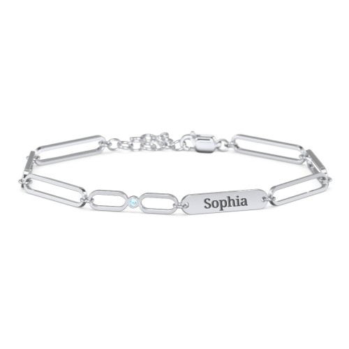 Engravable Long Link Infinity Family Bracelet with 1-4 Birthstones – Sterling Silver with Blue Topaz
