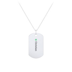 Engravable Dog Tag Necklace with 1 Birthstone – Sterling Silver with Emerald